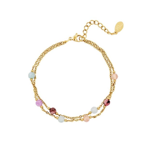 Ize dubbele ketting armband met gekleurde stenen kralen goud
