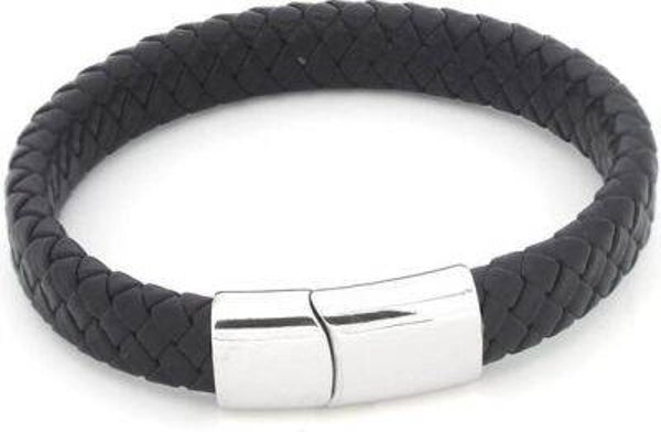 Heren Armband Dubbel Gevlochten Leer met zilveren sluiting Zwart