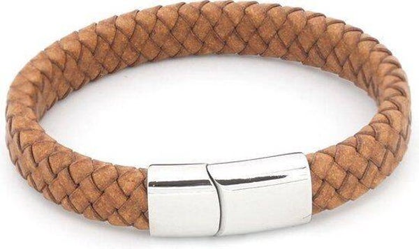Heren Armband Dubbel Gevlochten Leer Zilveren Sluiting Camel