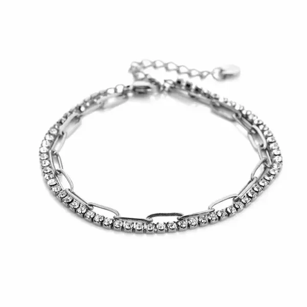 Armband Dubbel Schakel met Strass Zilver