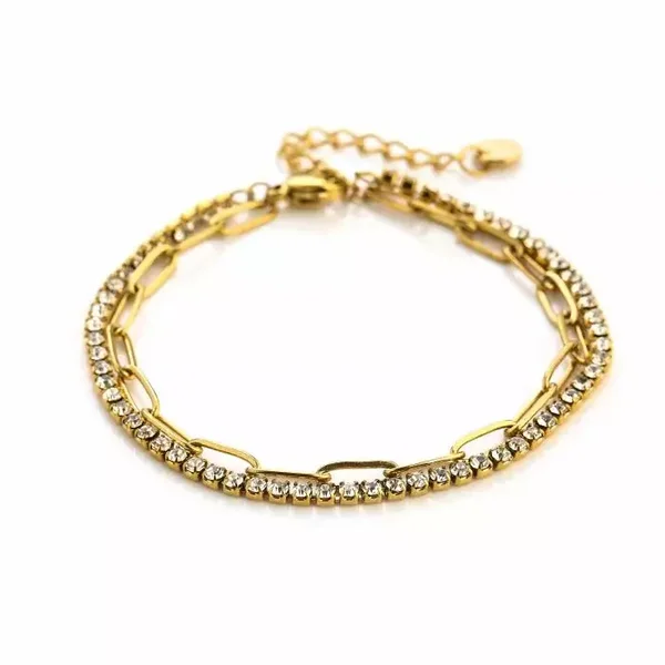 Armband Dubbel Schakel Strass Goud