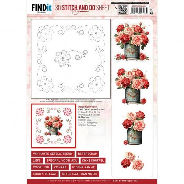 Berrie's Beauties 3D STITCH AND DO knipvel A4 Red Roses 1