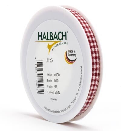 Halbach geblokt lint wijnrood (kleur 65) 10 mm 25 meter