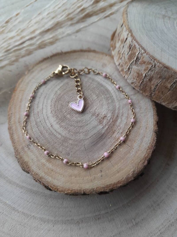 Bracelet boule rose coeur  inox