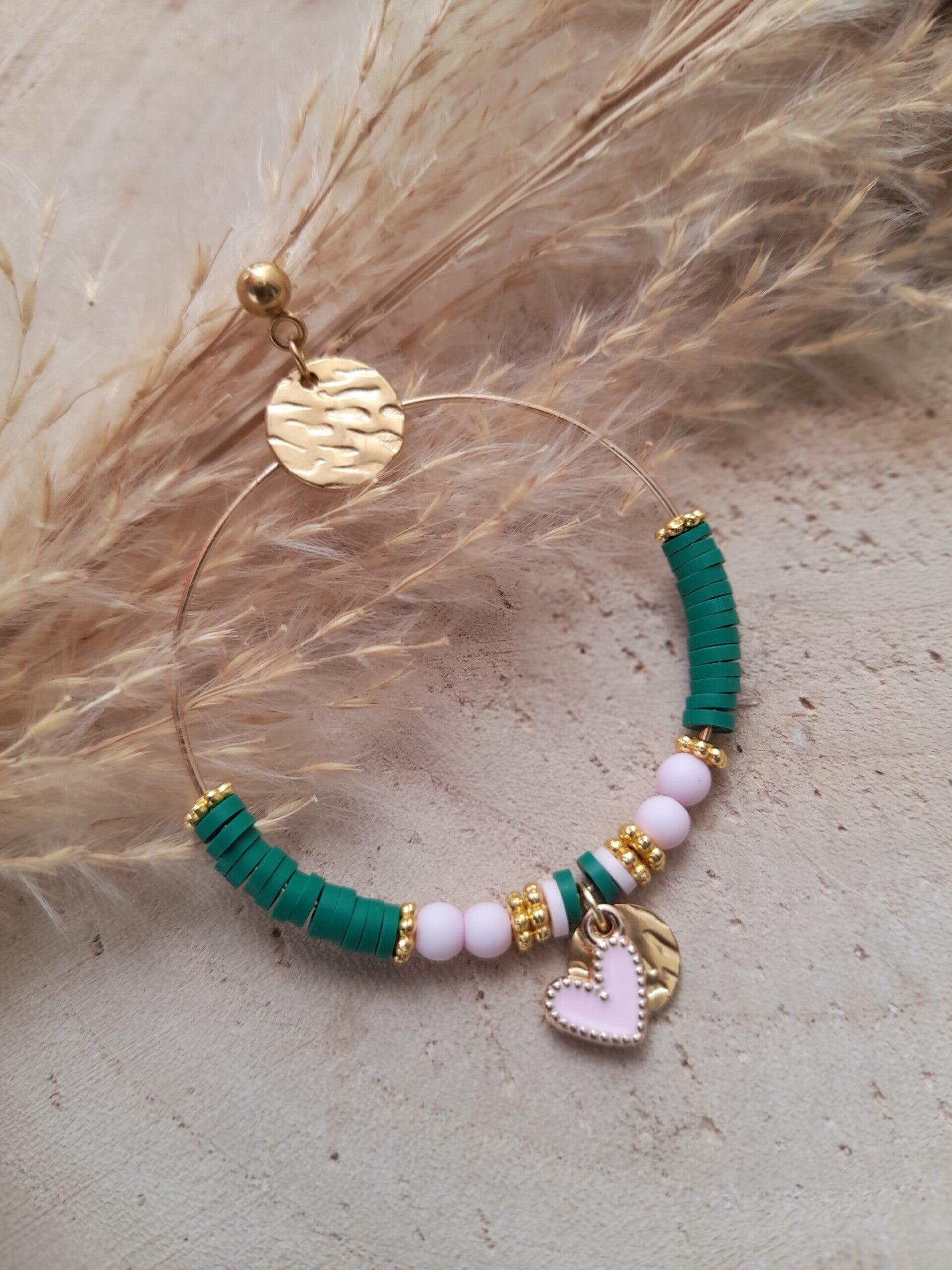 Créoles coeur vert & rose poudré