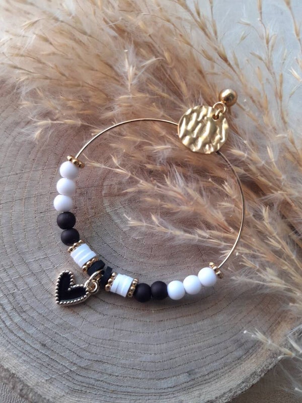 Créoles fantaisies coeur noir & blanc