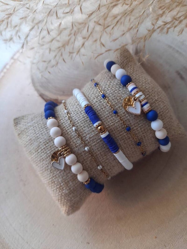 Bracelets thème bleu roi, écru & blanc