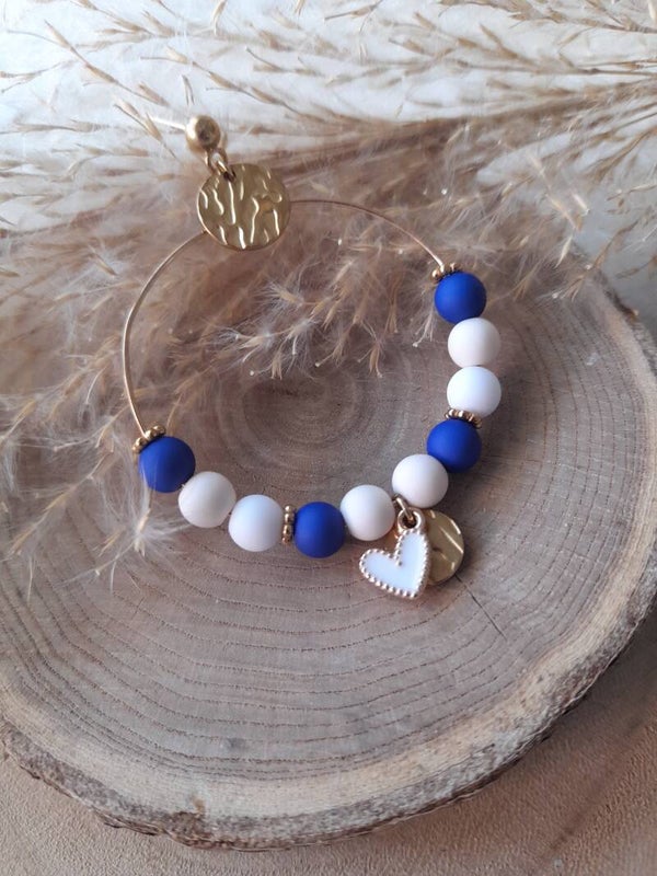 Créoles fantaisies coeur bleu roi beige & blanc