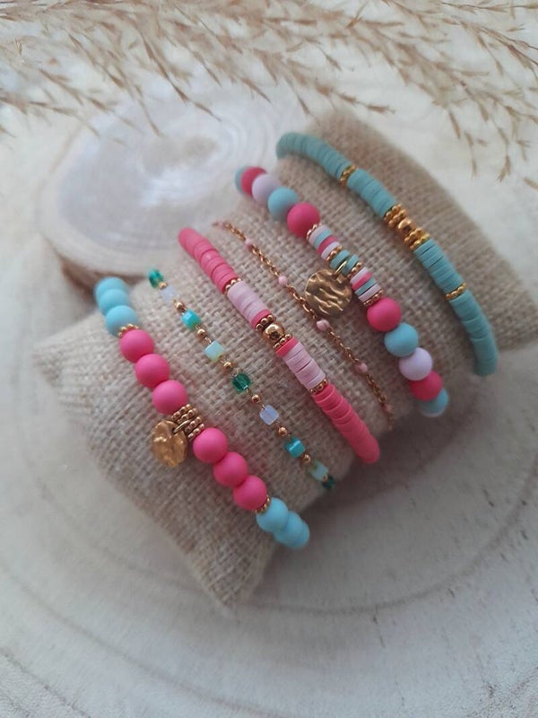 Bracelets thème vert d'eau rose vif & poudré 💕