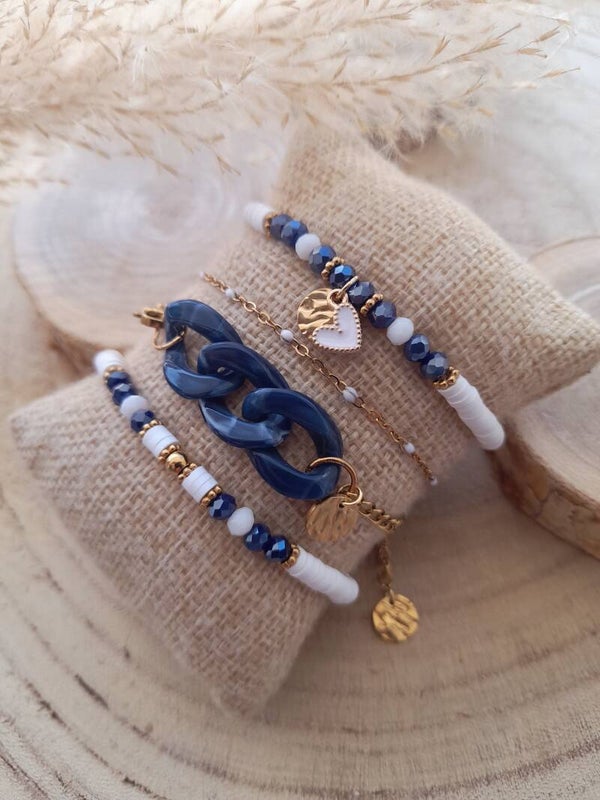 Bracelets perles à facette bleu brillant & blanc
