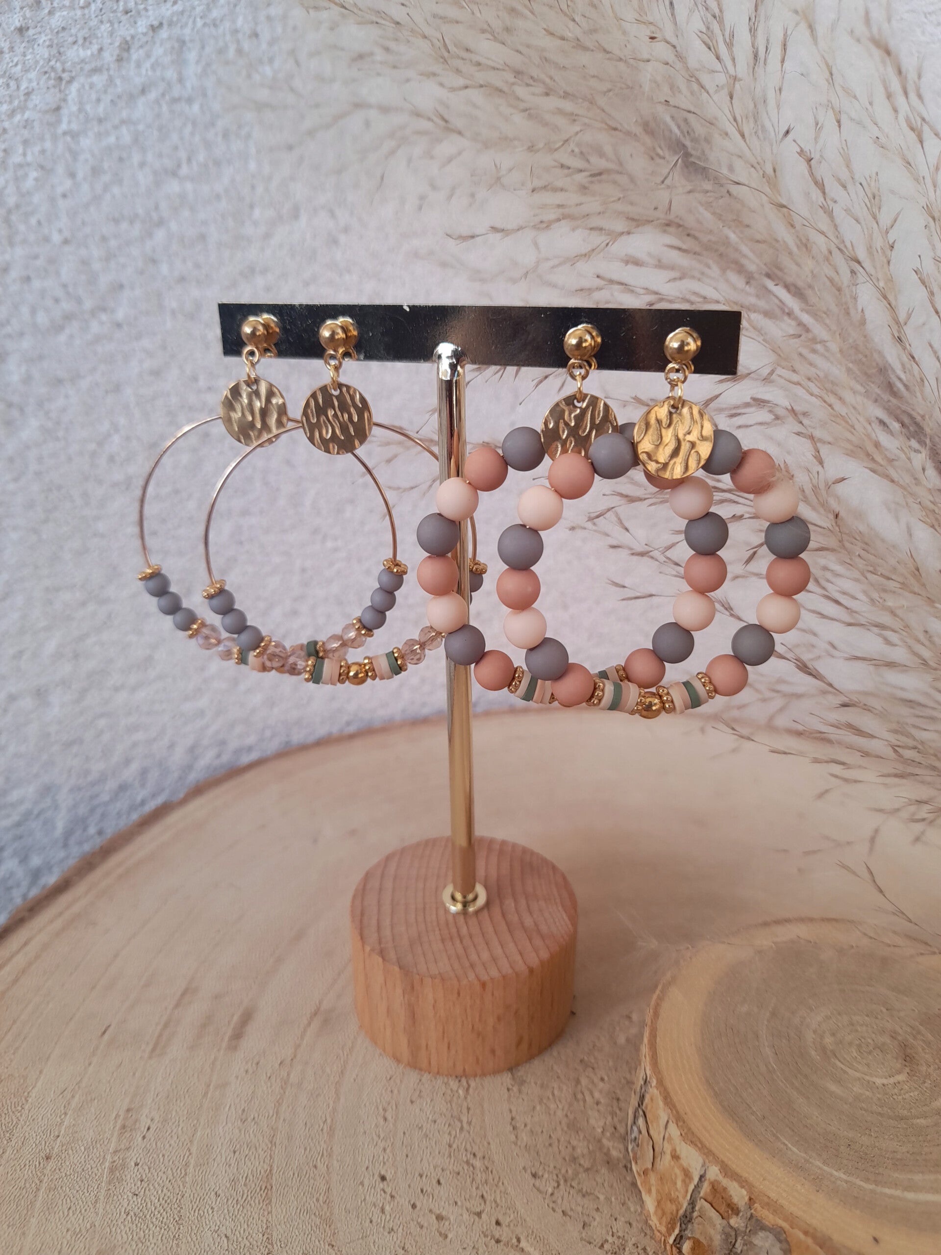 Créoles kaki marron clair & beige