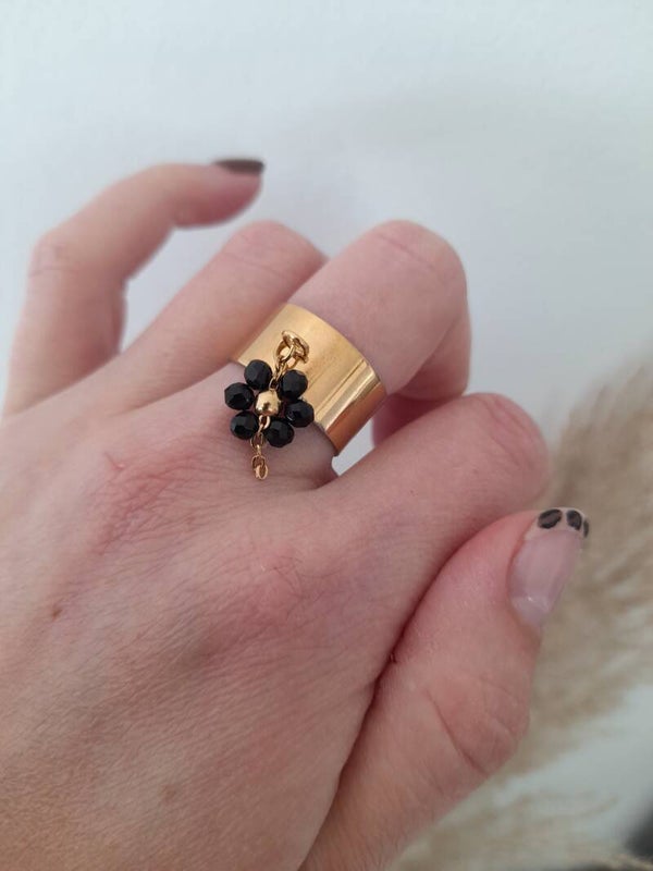 Bague doré fleur noir inox