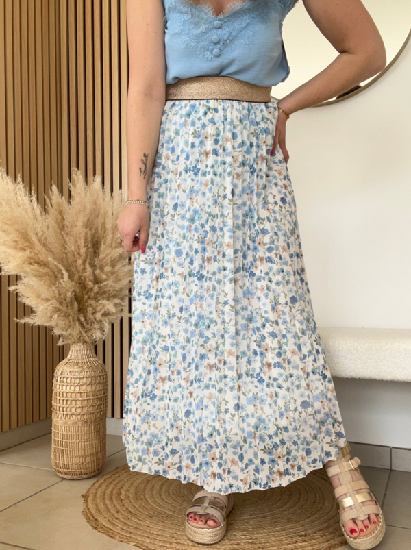 Jupe Aria fleurs bleu ciel