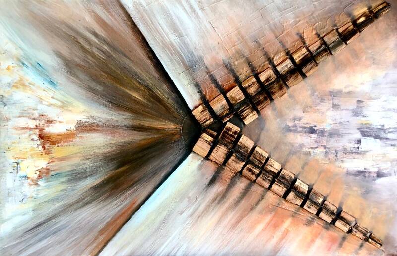 THE CLOCK, abstract painting, on canvas 70/ 115cm, bruin, ligt blue, sold!