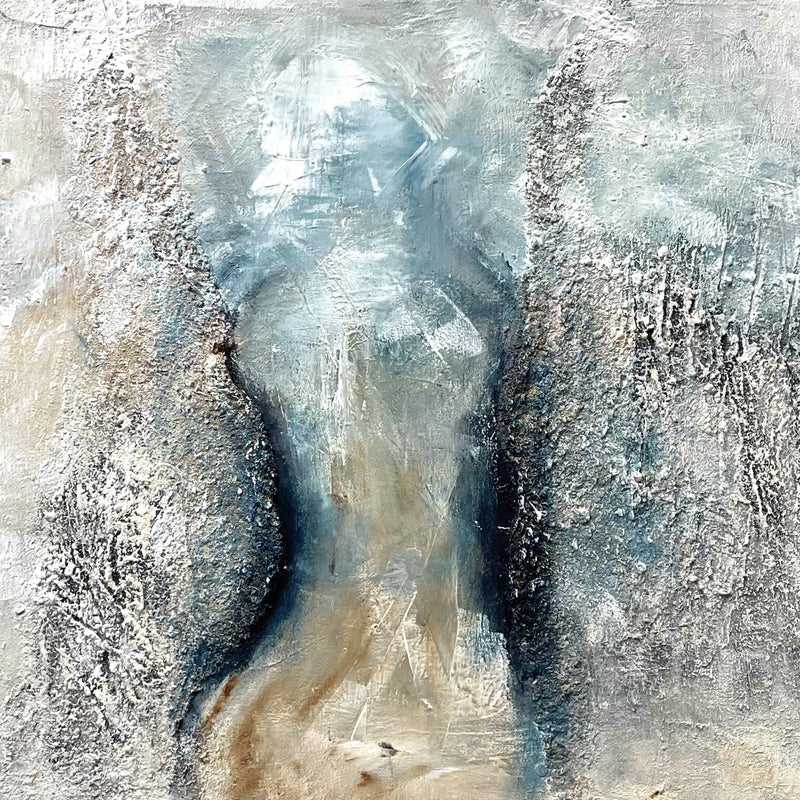 THE SILHOUETTE, figurative abstract, canvas 40/50cm,  acrylic, white, light blue, prussian blue, light brown,, sold!