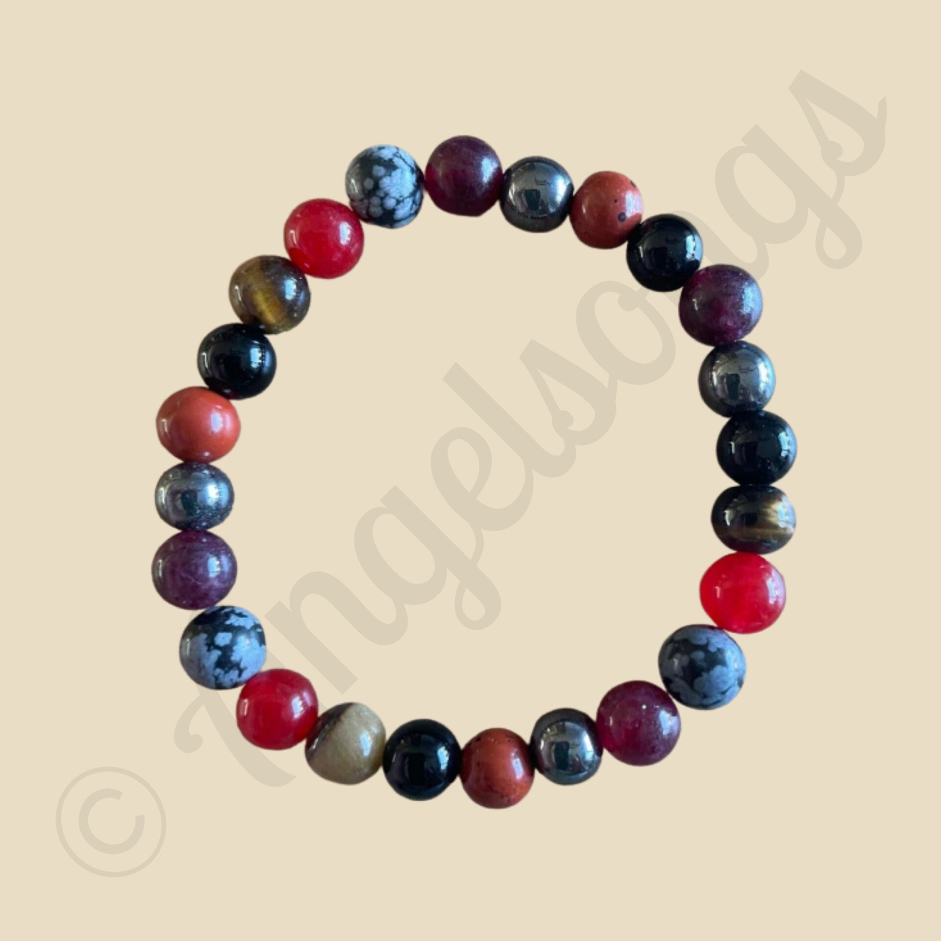 Armband Innerlijke Kracht & Passie – 18 cm | 8mm Kralen | Sneeuwvlok Obsidiaan, Tijgeroog, Rode Jaspis, Graniet, Rode Agaat, Granaat & Hematiet