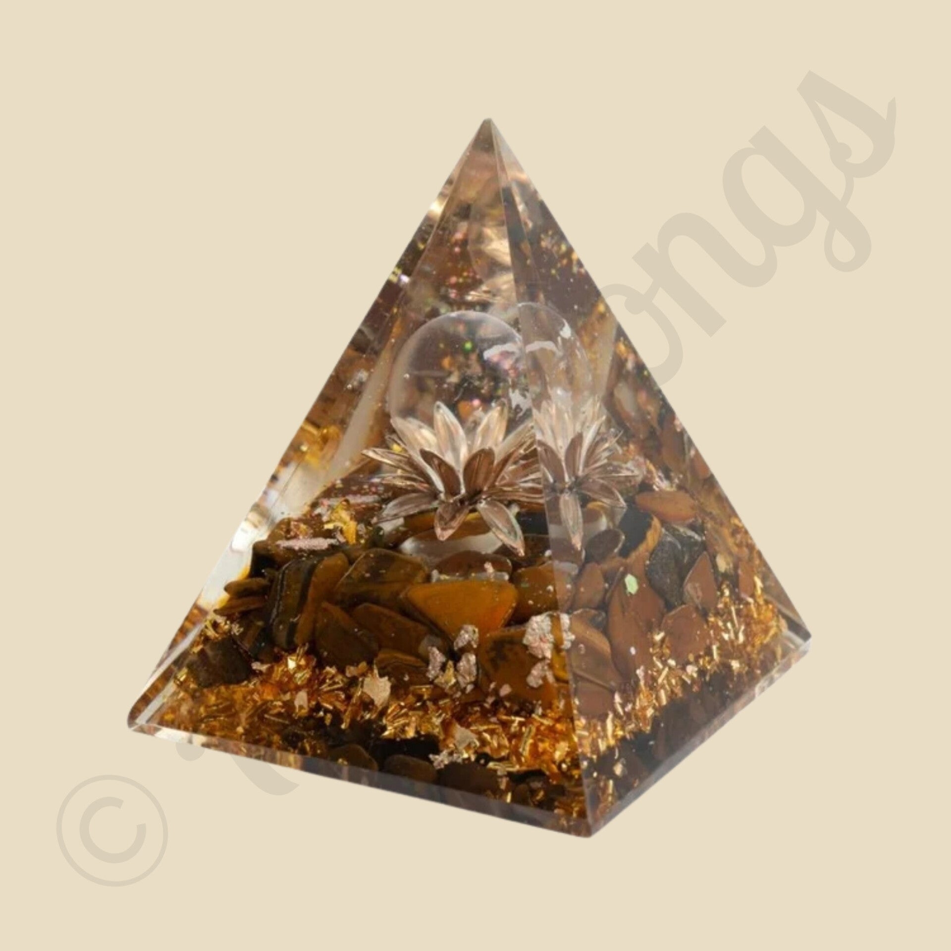 Orgonite Piramide Tijgeroog Lotus met Bergkristal Bol (70 mm)
