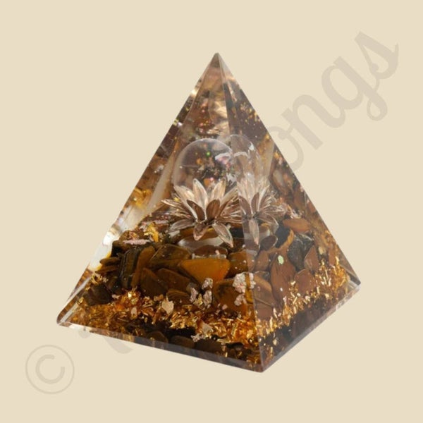 Orgonite Piramide Tijgeroog Lotus met Bergkristal Bol (70 mm)