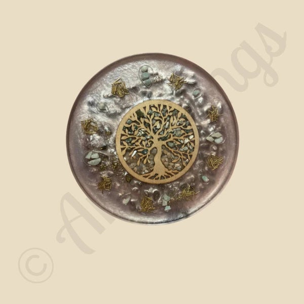 Powerschijf /Oplaadschijf met levensboom en edelstenen (Seleniet, Bergkristal, Roze Chalcedoon/Amethist, Valkenoog, Maansteen en Witte Topaas)