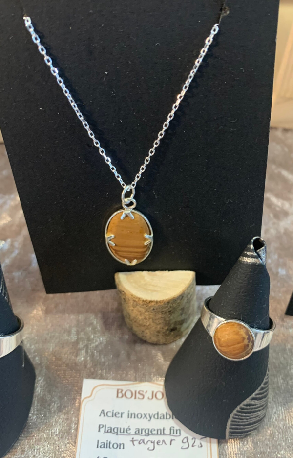 Parure Collier et bague Bois d'Iroko et argent