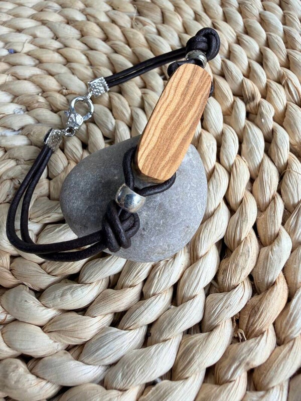 Bracelet homme bois d'olivier et cuir