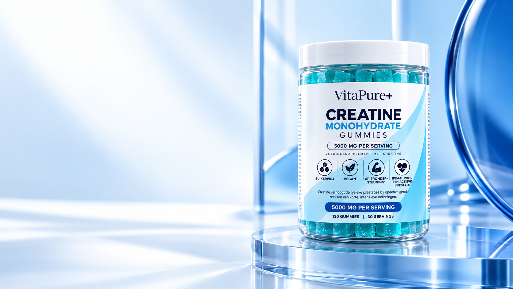 VitaPure+ Creatine Gummies in een blauwe productpresentatie