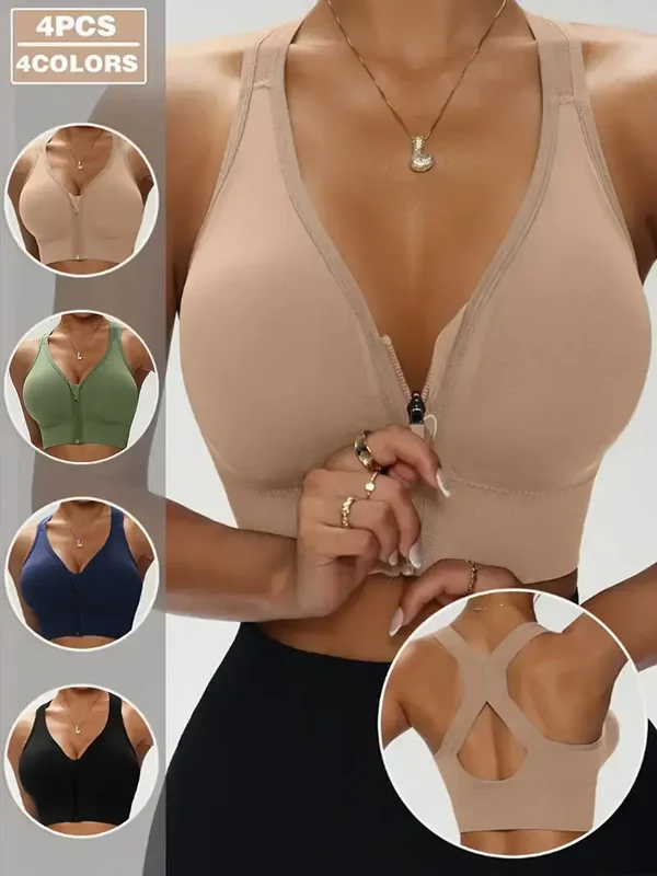 4pcs Women'S Front-Zip Wireless Bras with Removable Pads -