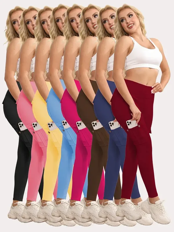 8pcs High-waisted Yoga Leggings With 4 Pockets,