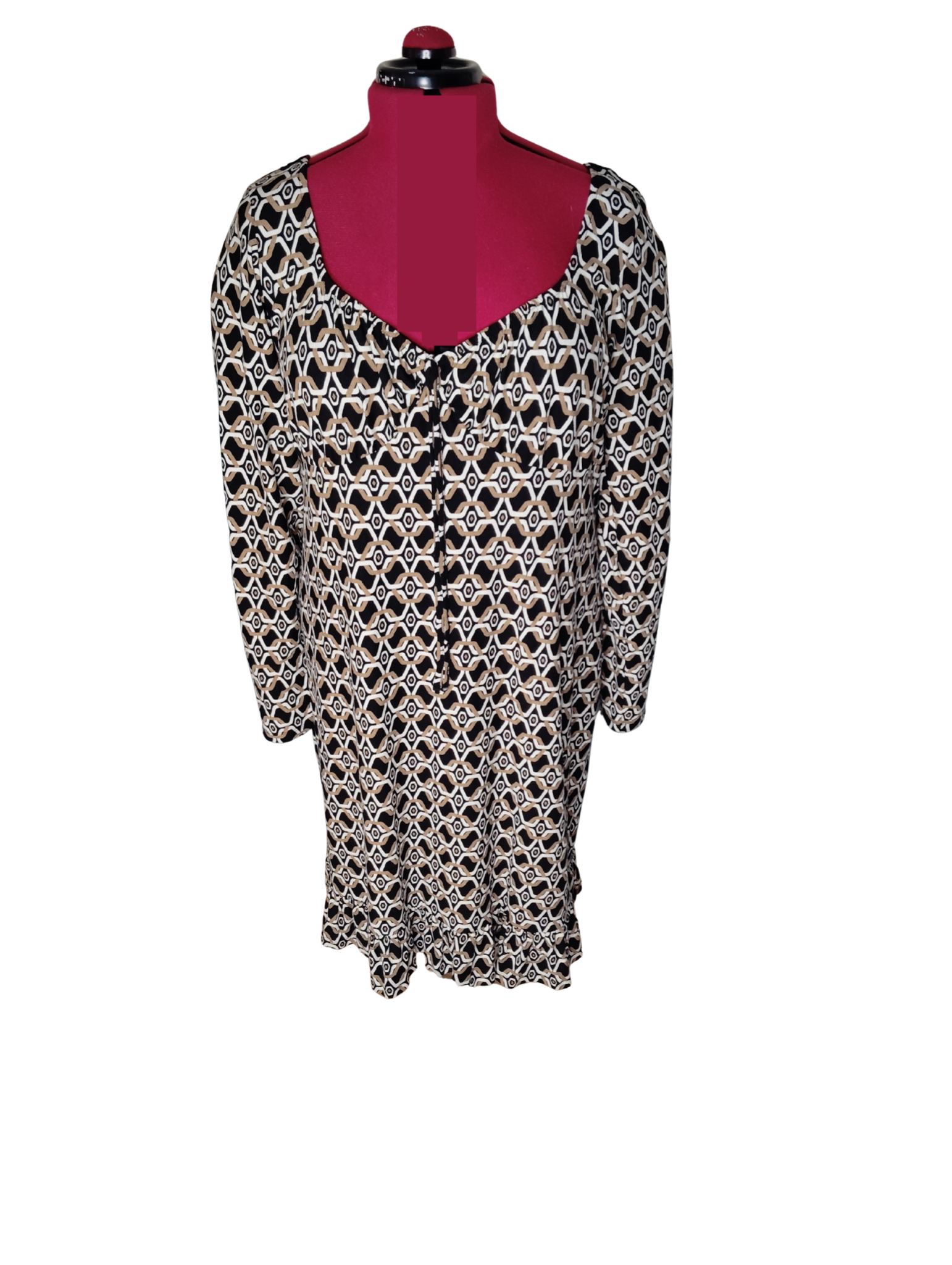 Black Dress with Cream & Brown Geometric Pattern - Size 22 (measured bust is 44"/111cm)