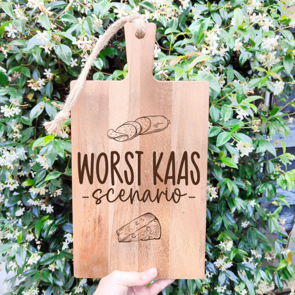 Borrelplank met handvat - Beuken - Worst Kaas Scenario - circa 38x20 cm