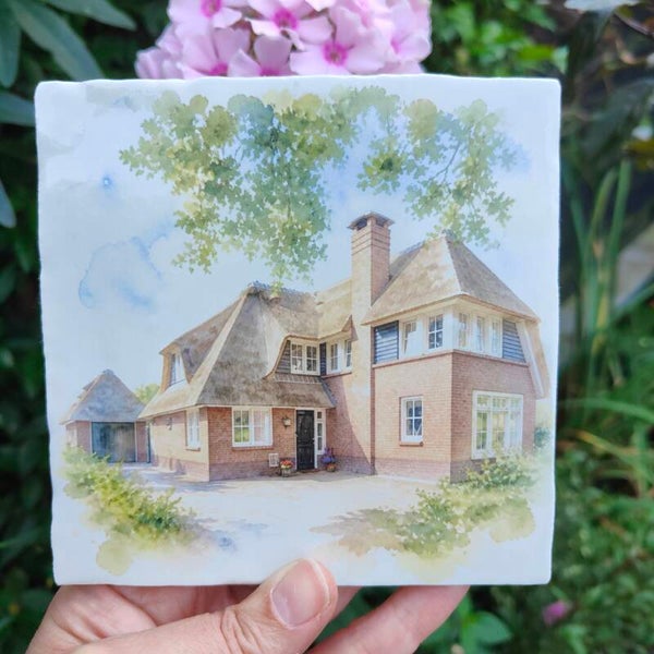 Tegeltje - met aquarel van eigen woning