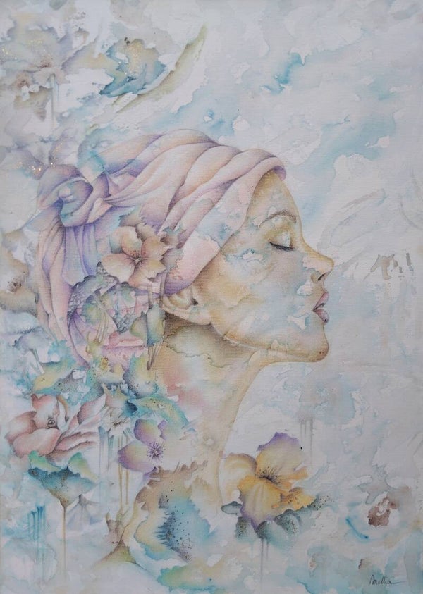 " l'âme florale" aquarelle et crayon sur toile
