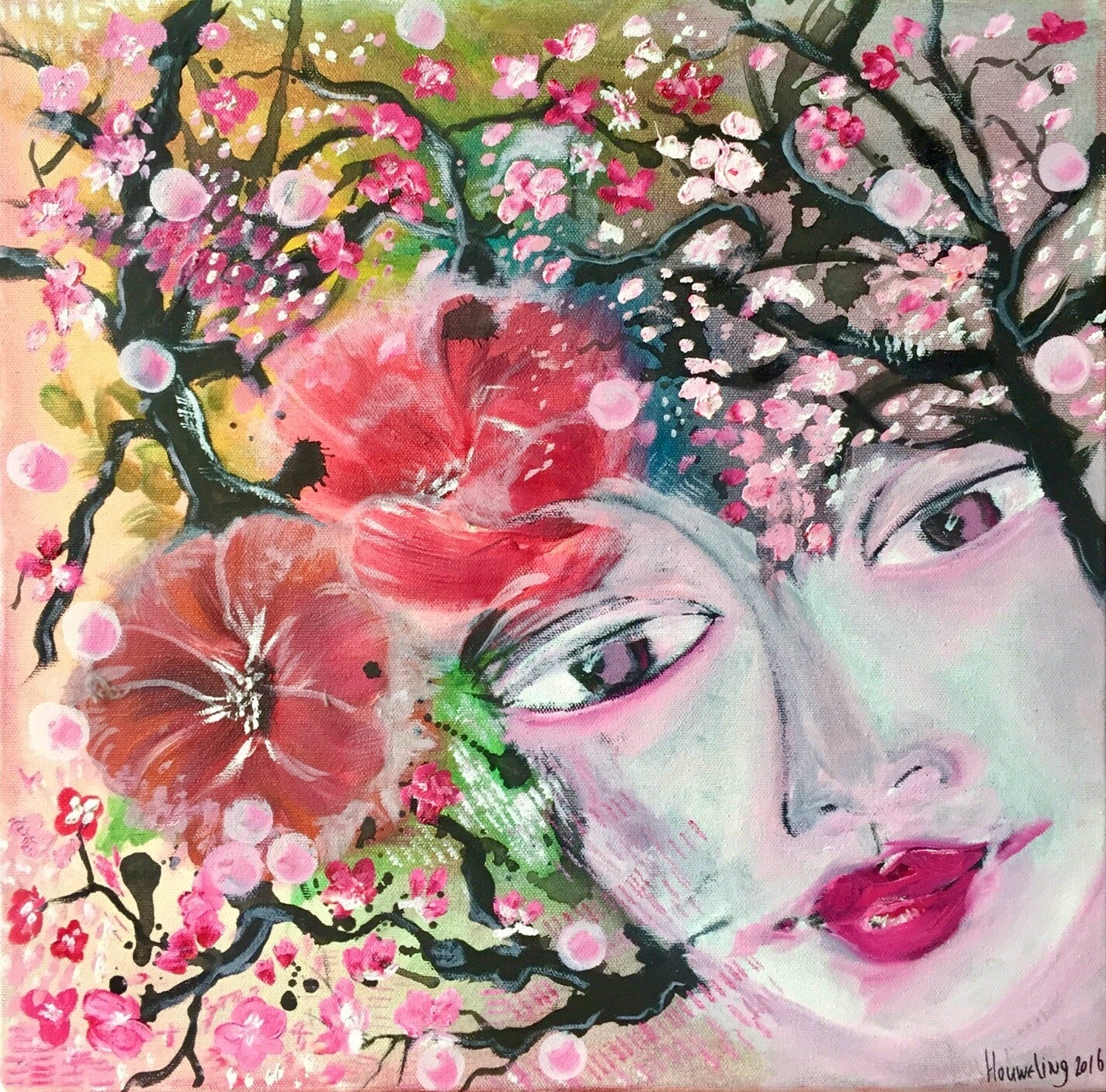 Modern Portret Blossom Lady | Schilderij canvas 40x40cm Amber Houweling