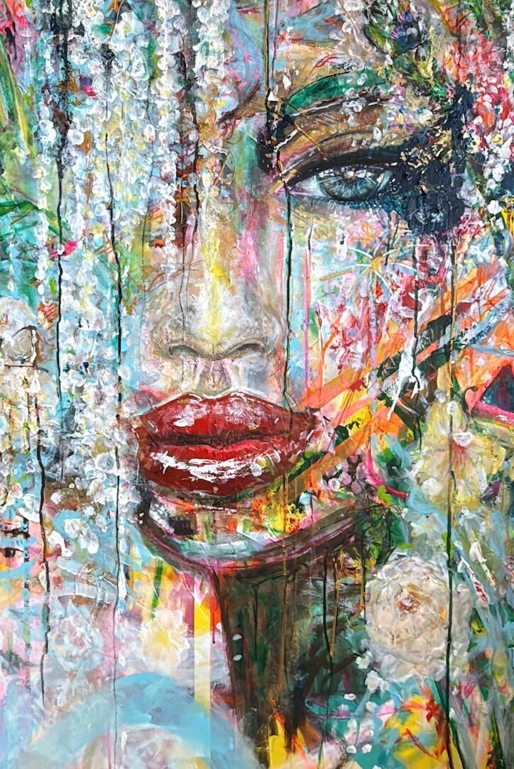 Groot modern schilderij in luxe villa interieur door Amber Houweling van DomCityArt kunstenaar Utrecht