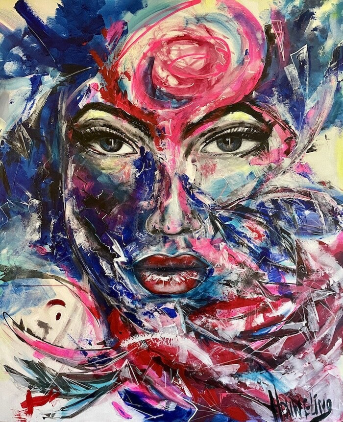 modern portret schilderij vrouwengezicht.modeen schilderij met een vrouwengezicht portret van kunstenaar Amber Houweling utrecht Domcityart