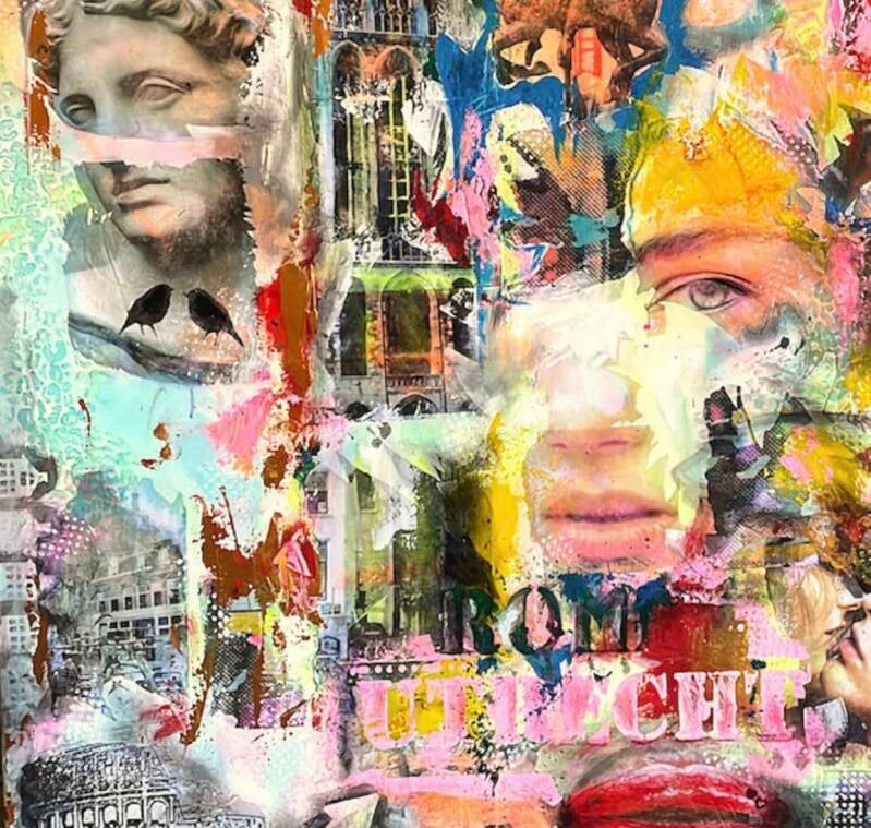 Kleurrijk modern portret schilderij met bloemen en abstracte verfstructuren, uniek handgemaakt kunstwerk van Amber Houweling DomCityArt Utrecht, moderne schilderijen en persoonlijk schilderij op maat. Rome en utrecht. domcityart | kunstenaar Amber Houweli
