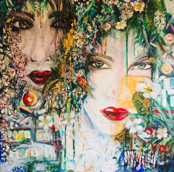 Groot modern portretschilderij met bloemen, natuur en rijke texturen. Kleurrijke mixed-media kunst door Amber Houweling | DomcityART | vrouwengezicht & portretten  op maat