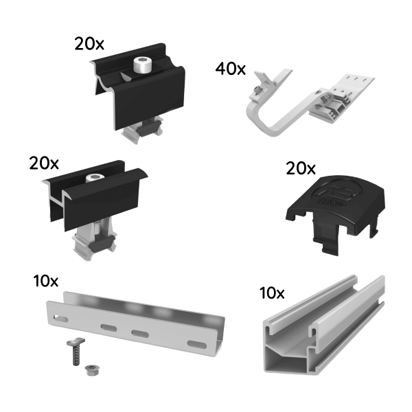 UK Paket für 10 Module von K2, SingleRail, Schrägdach, 1-lagig, schwarz