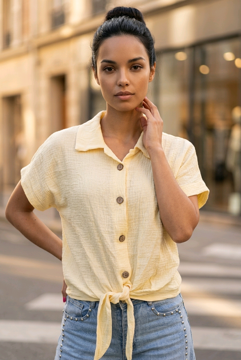 Mousseline knoop blouse geel