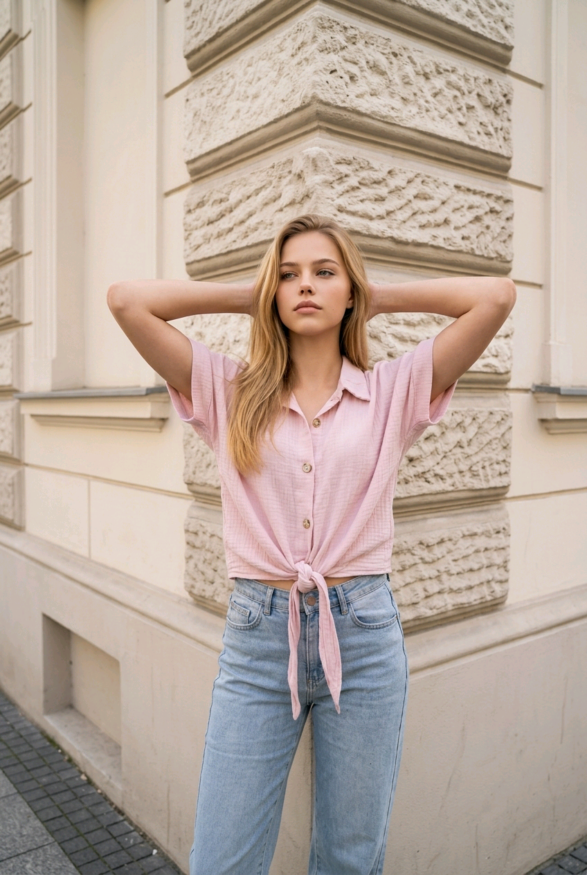 Mousseline knoop blouse roze