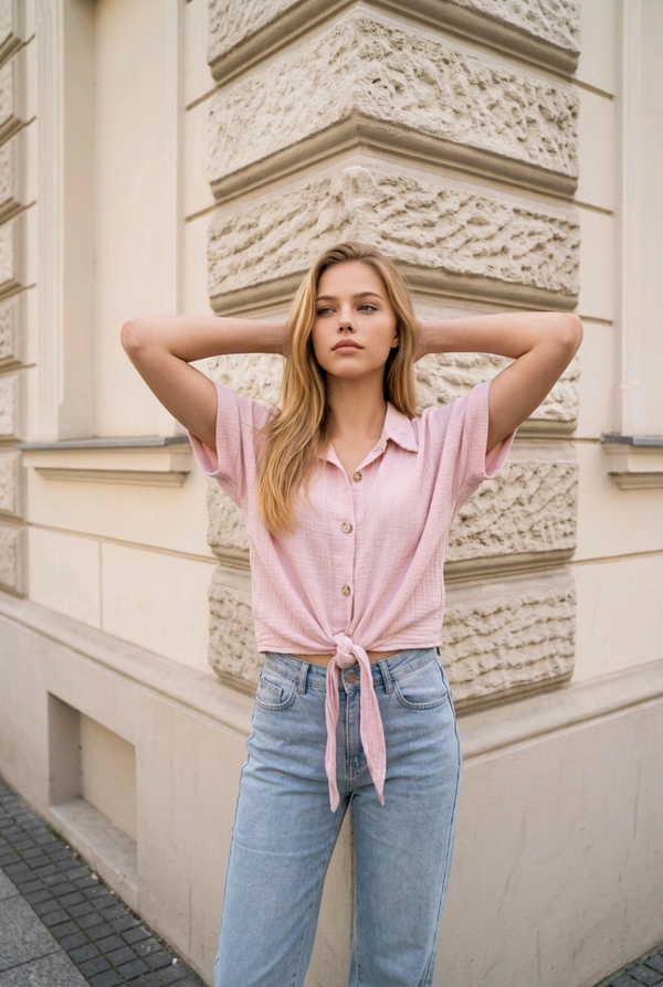 Mousseline knoop blouse roze