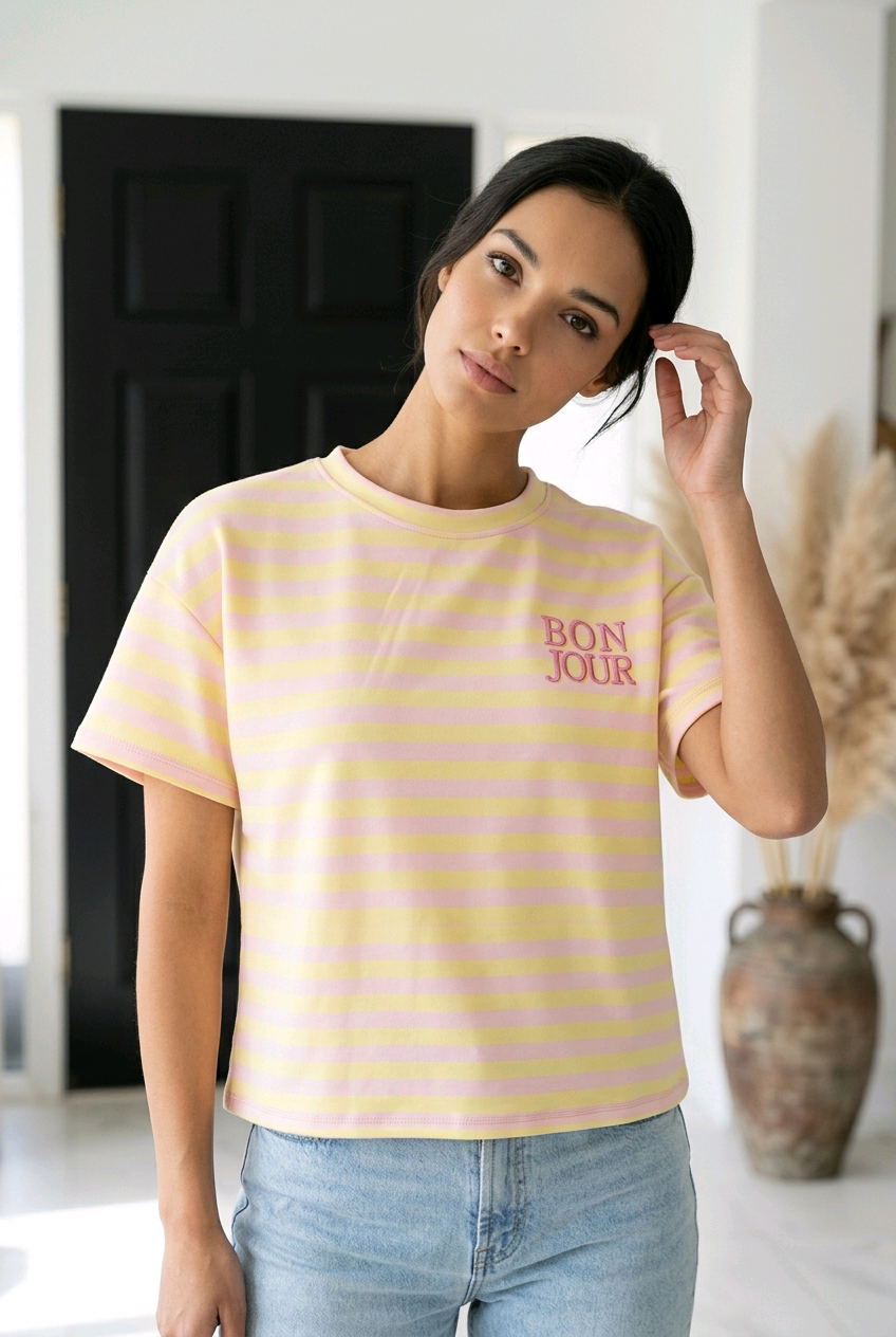 Bonjour streep T-shirt roze-geel