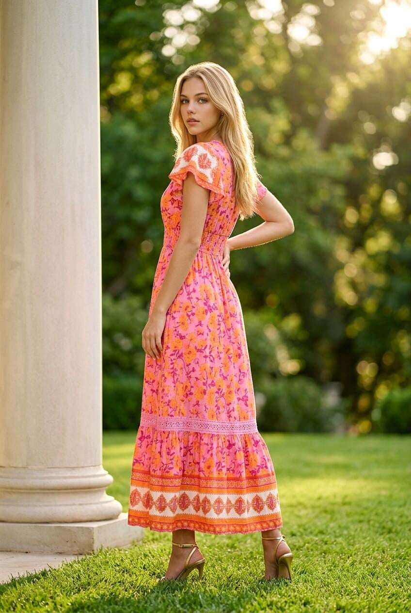 Boho-bloemenjurk roze
