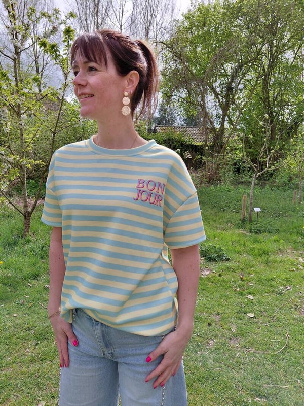 Bonjour streep T-shirt groen-geel