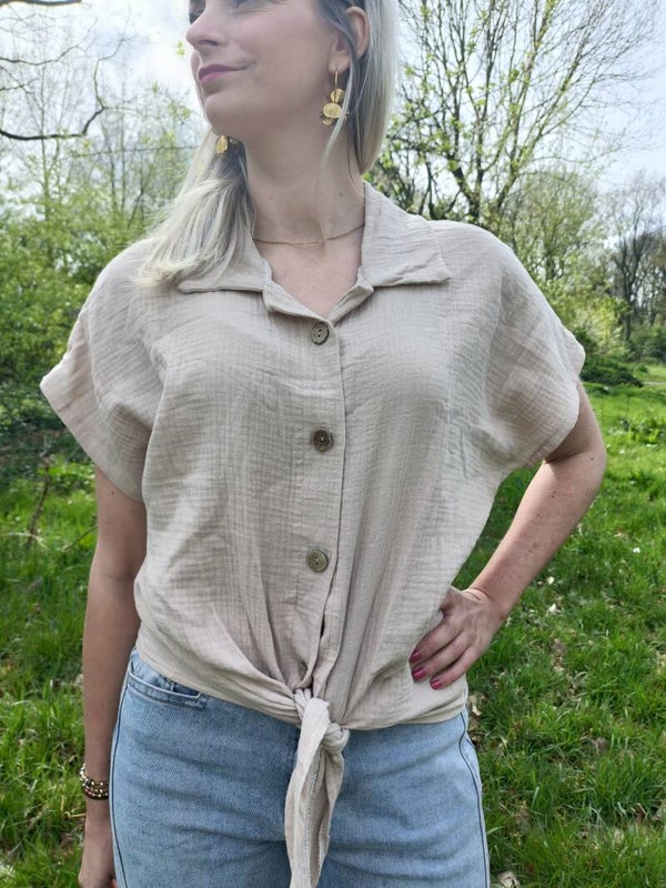 Mousseline knoop blouse beige