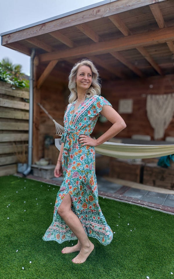Boho-bloemenjurk blauw