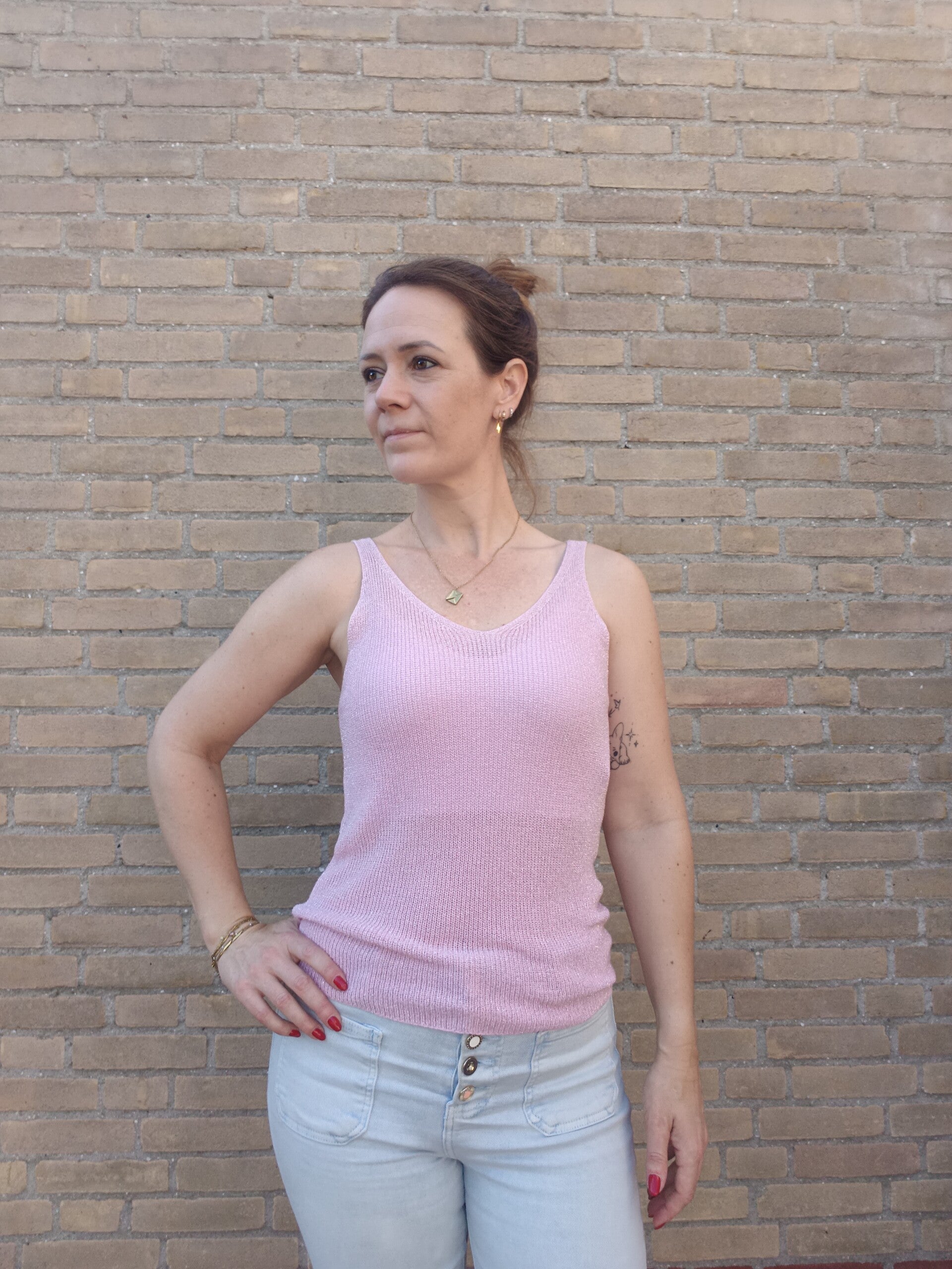 Lurex dames top lichtroze