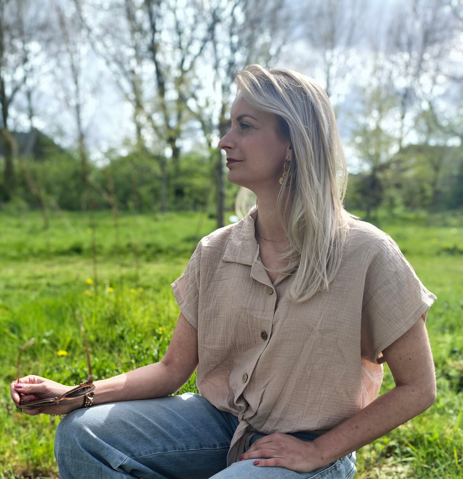Mousseline knoop blouse beige