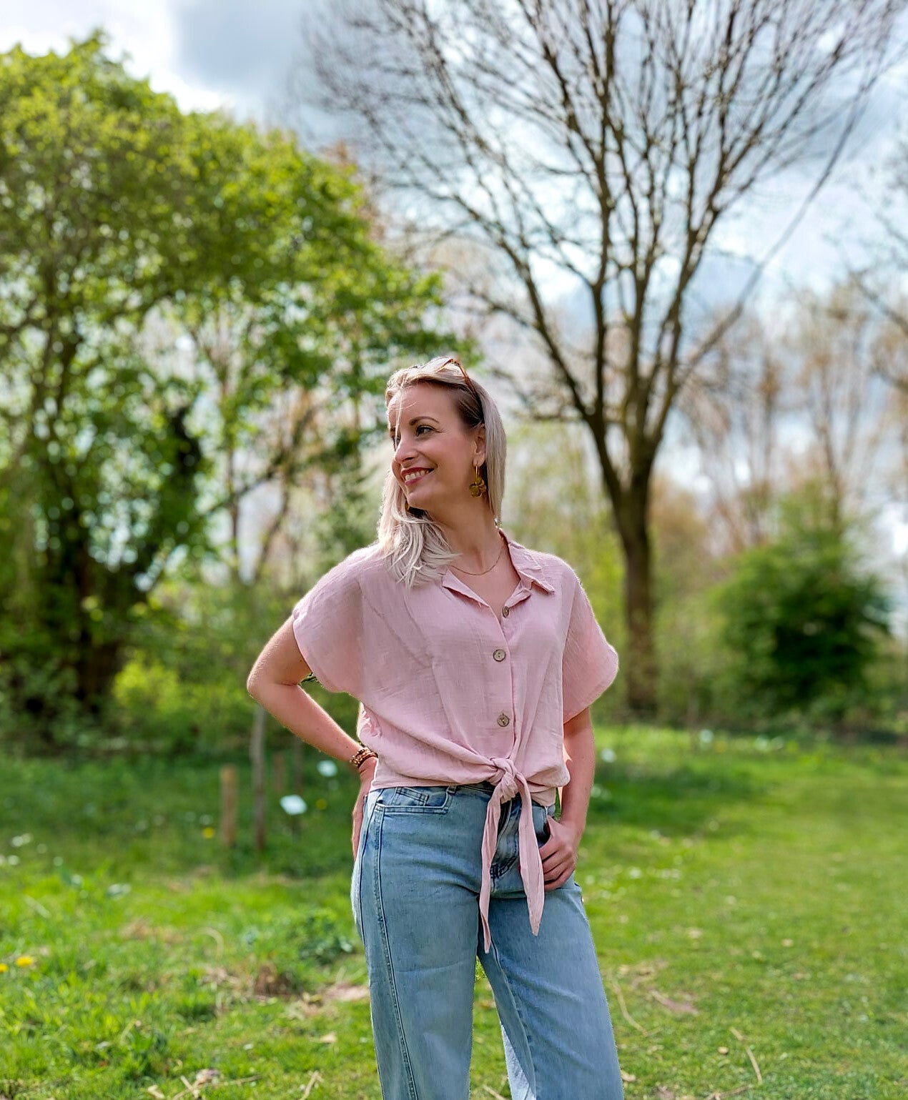 Mousseline knoop blouse roze