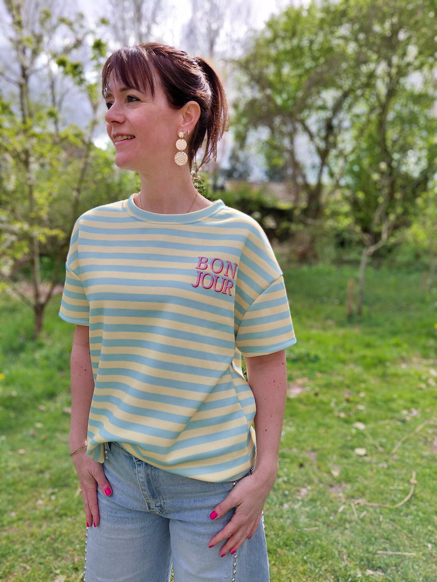 T-shirt Bonjour gestreept groen-geel